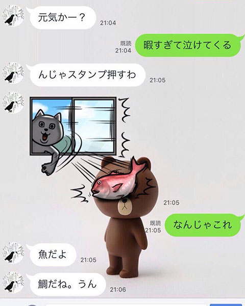 スタンプと背景のブラウンとのコンビネーションが笑えるlineの会話画像